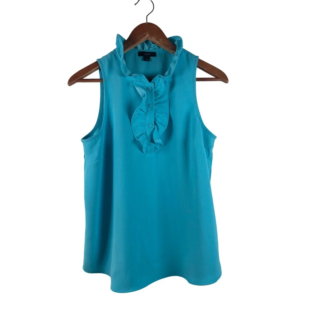 J. Crew‎ Womens Sleeveless Ruffle Collar Button Blouse Top Turquoise Small